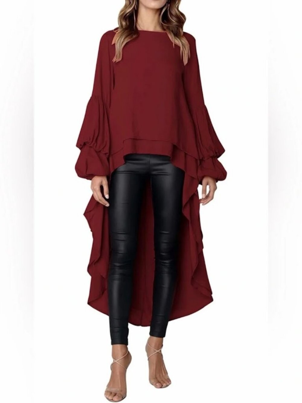 NWT PrettyGarden  Long Sleeve Round Neck Wine Red High Low Flowy Tunic Top M